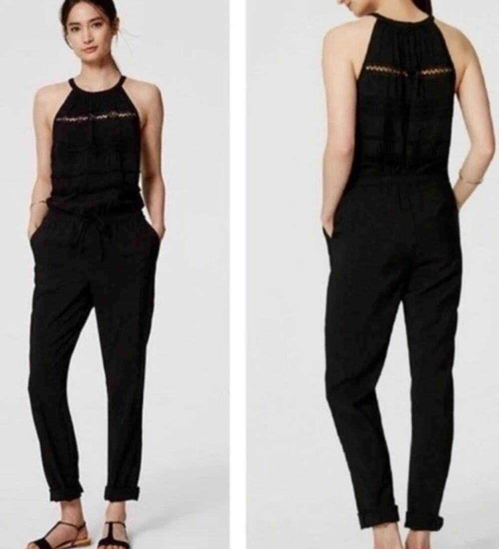 Ann Taylor LOFT Size XS Black Halter Crochet Lace Fringe Sleeveless Jumpsuit